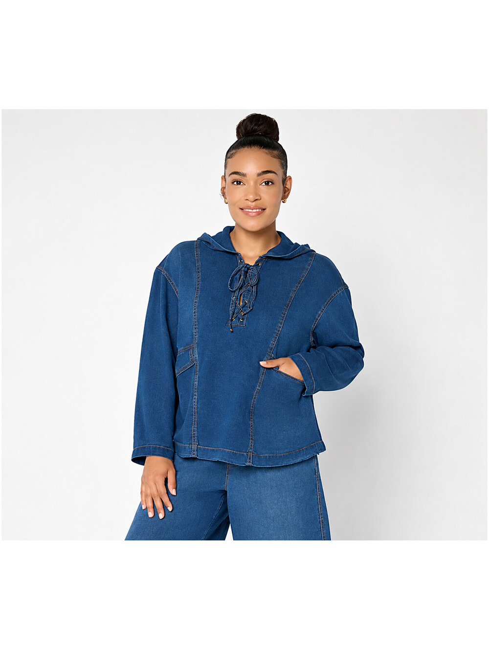Peace Love World Denim Long Sleeve Lace Up Hoodie Dark Wash, Size 1X